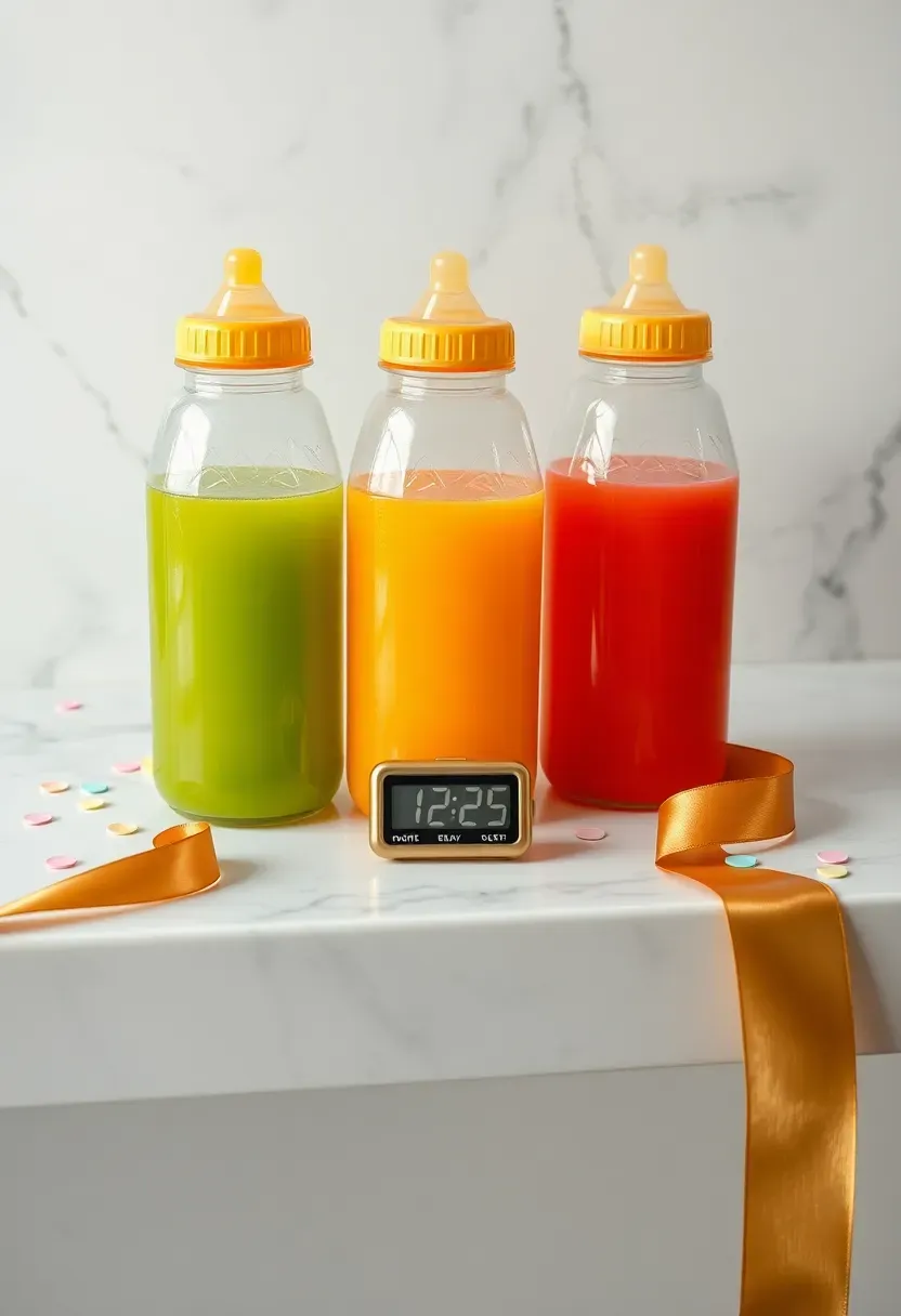 baby shower guests racing to drink from baby bottles in a funny timed competition