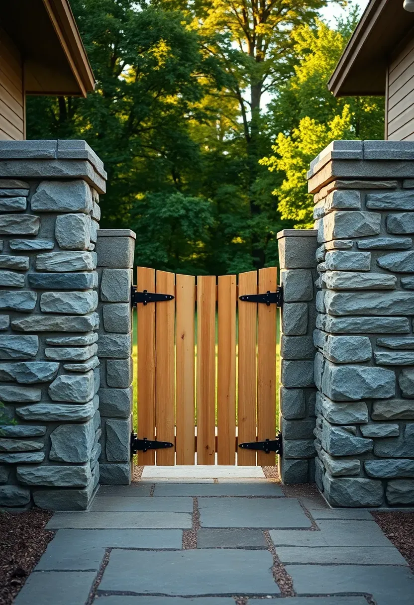 Stone pillar entry with a wooden gate between two stacked stone columns topped with capstones, in a lush backyard