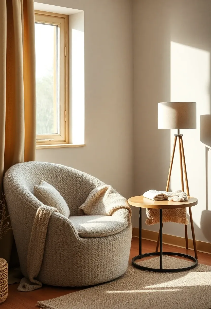 Curved boucle reading nook in the corner