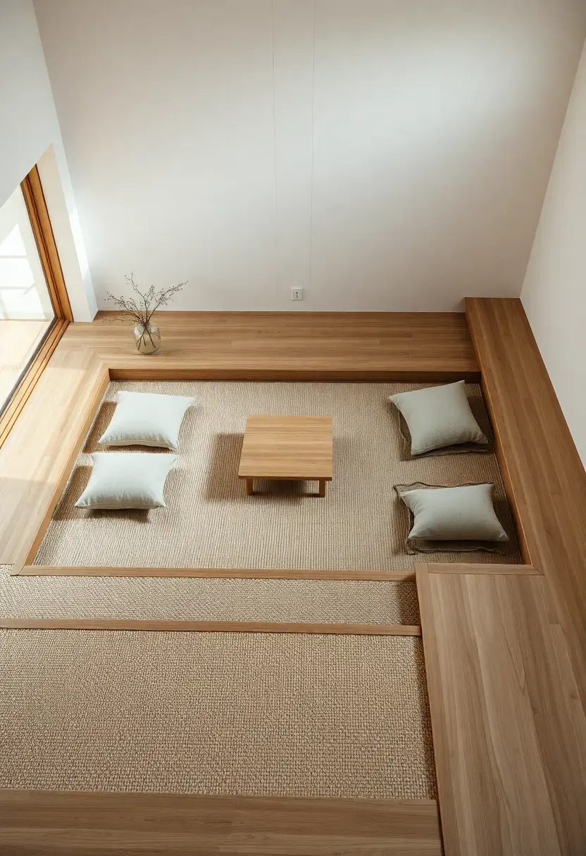 Hyper-realistic 3/4 elevated view of minimalist Japandi living room featuring sunken seating area with step-down design: floor covered in tatami-style light woven floor covering, scattered neutral floor cushions, low wooden coffee table, surrounding raised floor with light oak wood. Materials: woven floor texture, linen floor cushions, light oak wood platform, wool rug edges visible. Soft ambient lighting from above, subtle shadows at step edges. Grounded intimate mood. Sharp focus on floor texture contrast, wide-angle composition showing full room context with neutral walls. No text, no logos, no watermarks.</p>