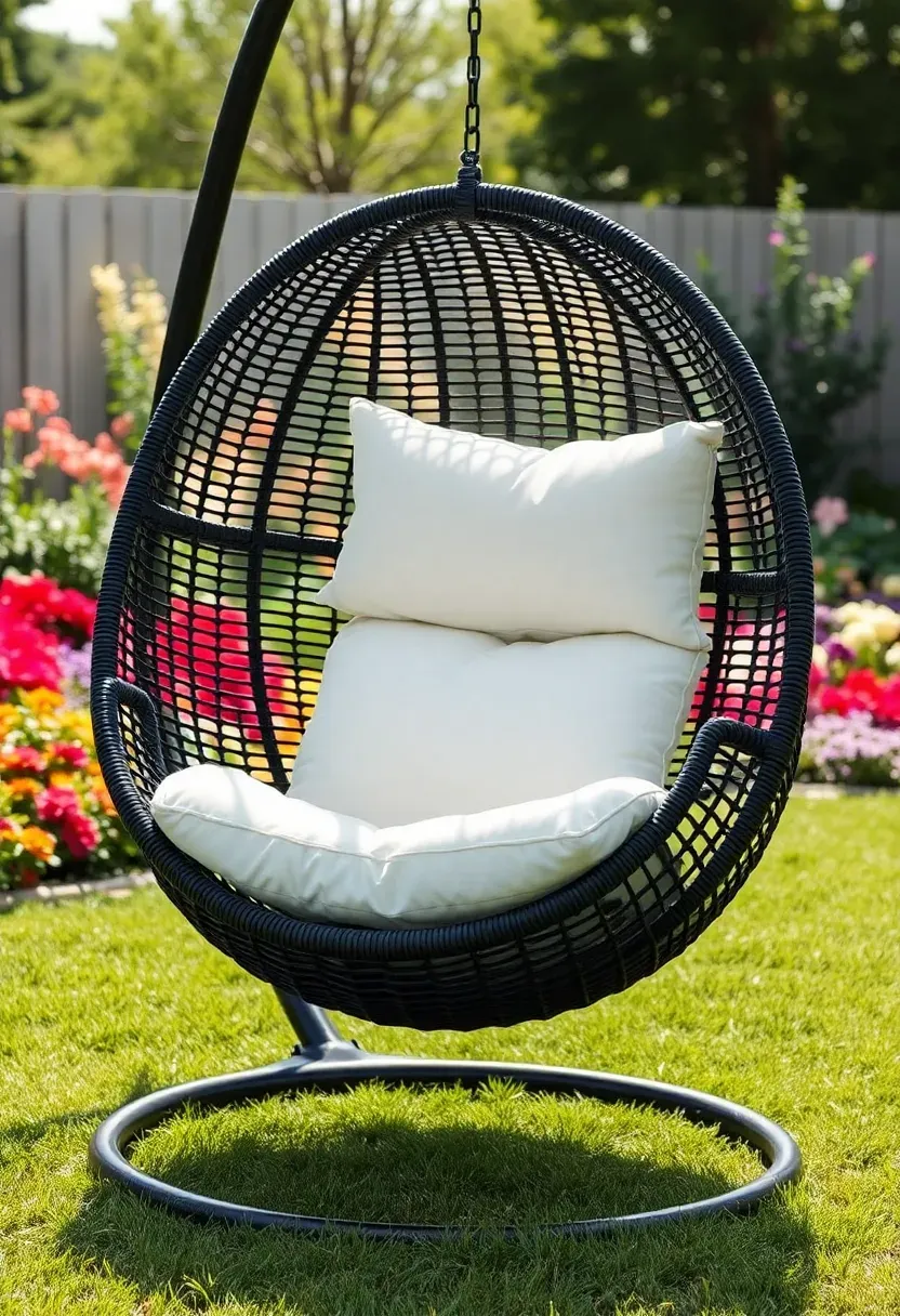 Wicker hanging egg chair with white cushion suspended from a steel stand on a backyard lawn near a flower bed