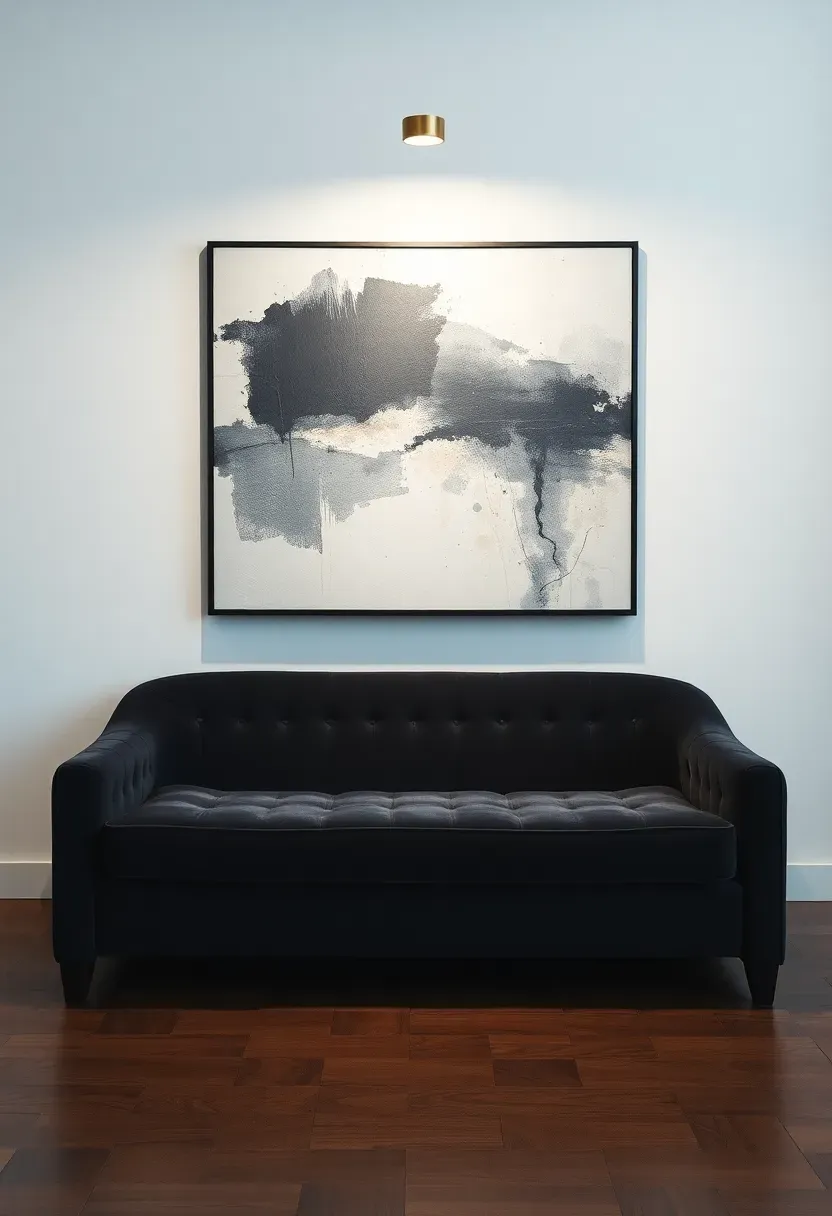 Hyper-realistic frontal view of gallery-style art presentation. Materials: large abstract painting 5 feet wide in charcoal and cream tones, simple black float frame, generous white wall space around artwork, charcoal velvet sofa below, brass picture light. Museum-quality presentation with precise hanging and ample breathing room.</p>