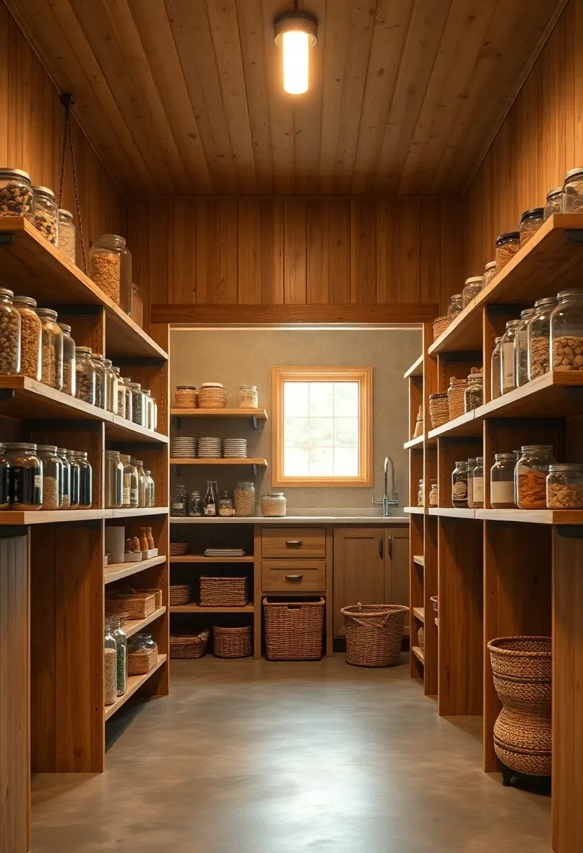 large walk-in pantry with floor to ceiling wood shelves and a barn door entrance in a barndominium