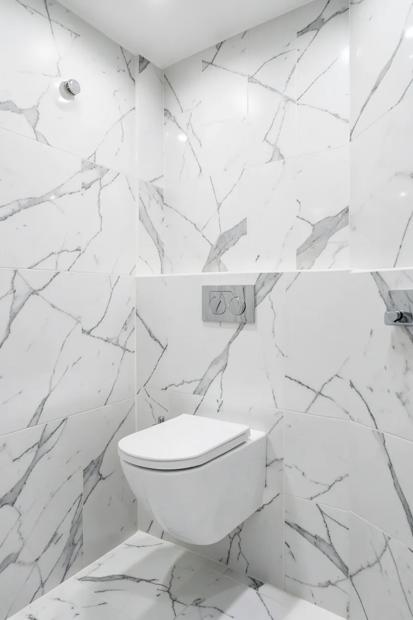 Wall-mounted toilet with concealed tank and sleek flush plate in a modern elegant bathroom