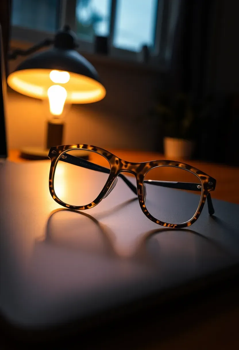 Stylish blue light blocking glasses with clear acetate frames resting on a closed laptop in a dimly lit evening office
