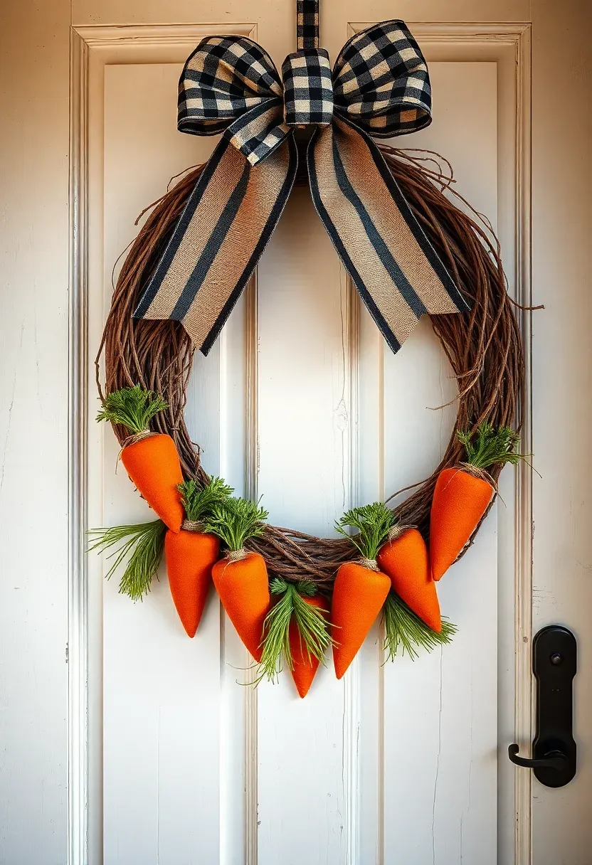 farmhouse carrot bundle Easter wreath with fabric carrots burlap bow on a distressed white door