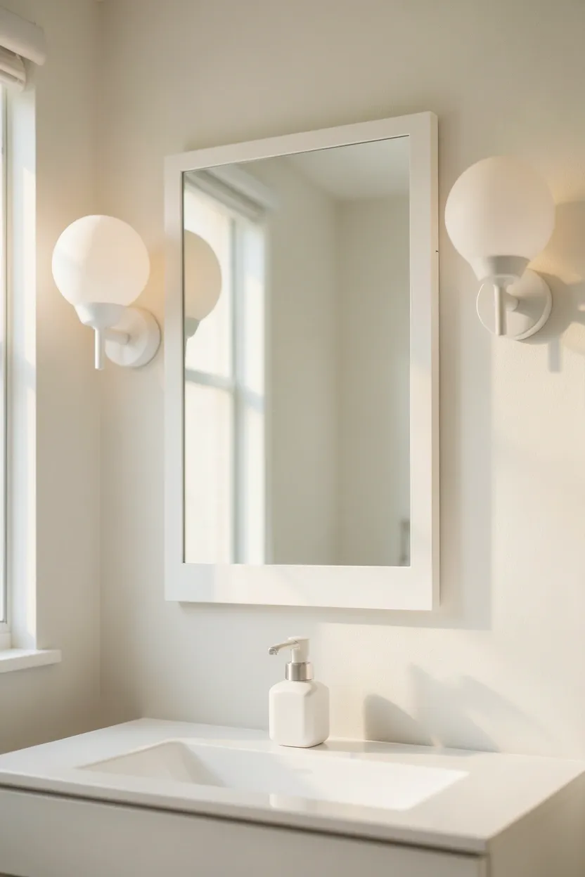 Brass wall sconces mounted on either side of a bathroom mirror providing warm flattering side lighting in a small apartment bathroom