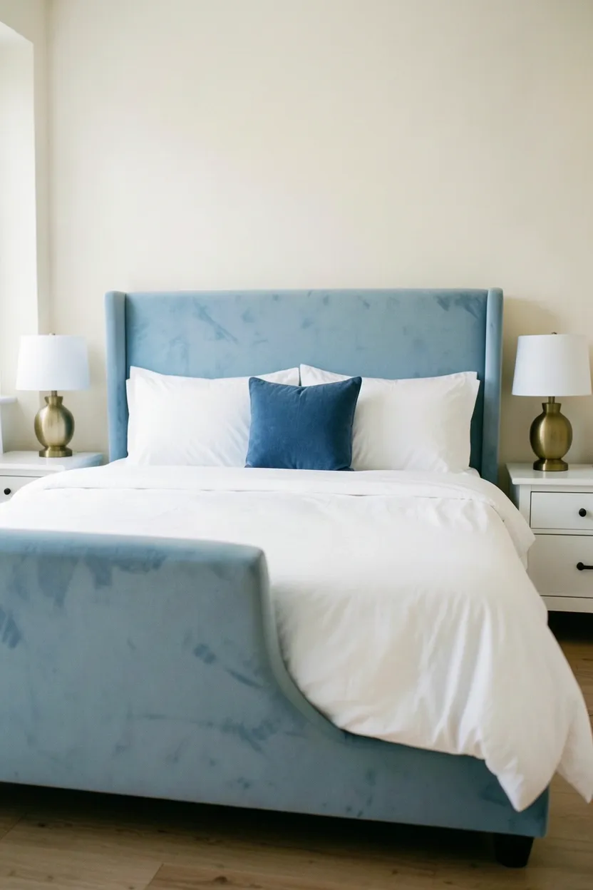 Hyper-realistic eye-level photograph of upholstered light blue bed frame in king size with white duvet and white pillows. Neutral cream walls, two white nightstands, minimalist table lamps in brass, blue accent pillow in center. Materials: velvet blue upholstered bed frame, white cotton bedding, white painted wood nightstands, brass lamp bases. Soft natural light from window, serene elegant atmosphere. Shallow depth of field, sharp details on bed frame upholstery, balanced composition showing bed and nightstands. No text, no logos, no watermarks.</p>