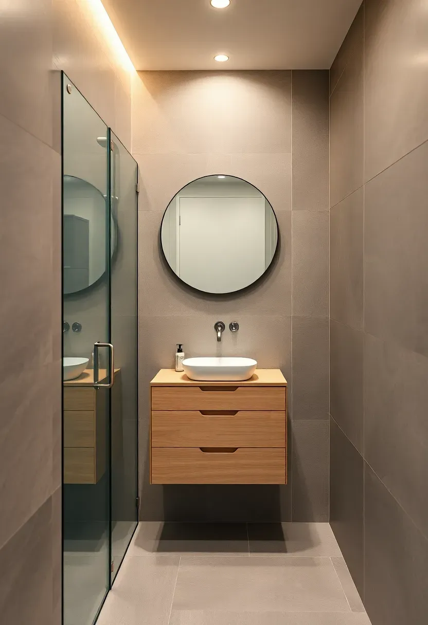 Compact basement apartment bathroom with a curbless walk-in shower, wall-mounted vanity, and large format porcelain tiles
