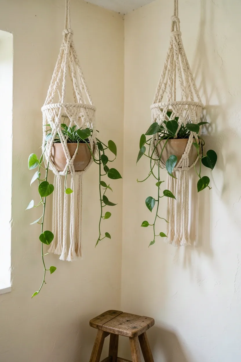 Hyper-realistic eye-level photograph of boho bathroom corner with two macramé plant hangers suspended from ceiling, each featuring intricate cream cotton knotwork patterns, holding small ceramic pots with trailing pothos plants, cream plaster wall background, small wooden stool below. Natural light filtering in. Materials: cotton macramé rope, ceramic pots, green plants. Textured boho plant display. Delicate knotwork details. No text, no logos, no watermarks.</p>