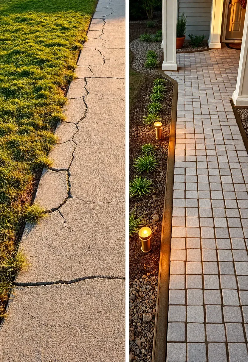 Before and after showing a narrow cracked concrete ranch walkway replaced with a wide herringbone pattern paver path leading to the front porch