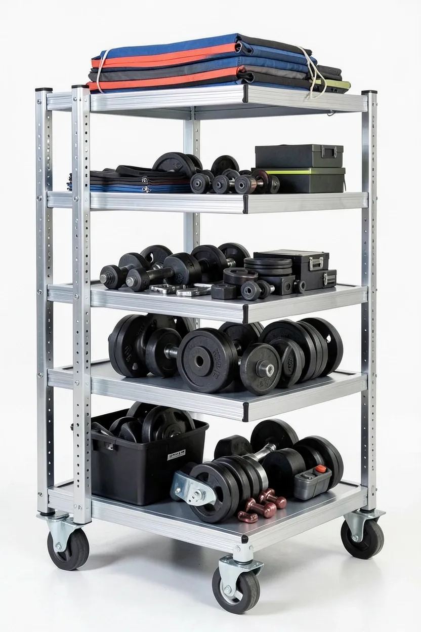 Three-tier rolling cart holding resistance bands, dumbbells, and fitness accessories in a small apartment gym