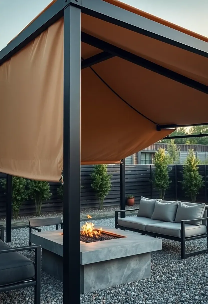 black metal frame canopy with a tan canvas top over outdoor seating