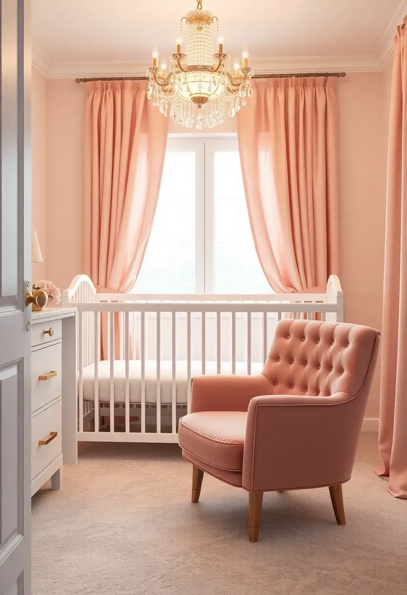 blush pink and gold glamorous nursery with tufted velvet chair and crystal chandelier