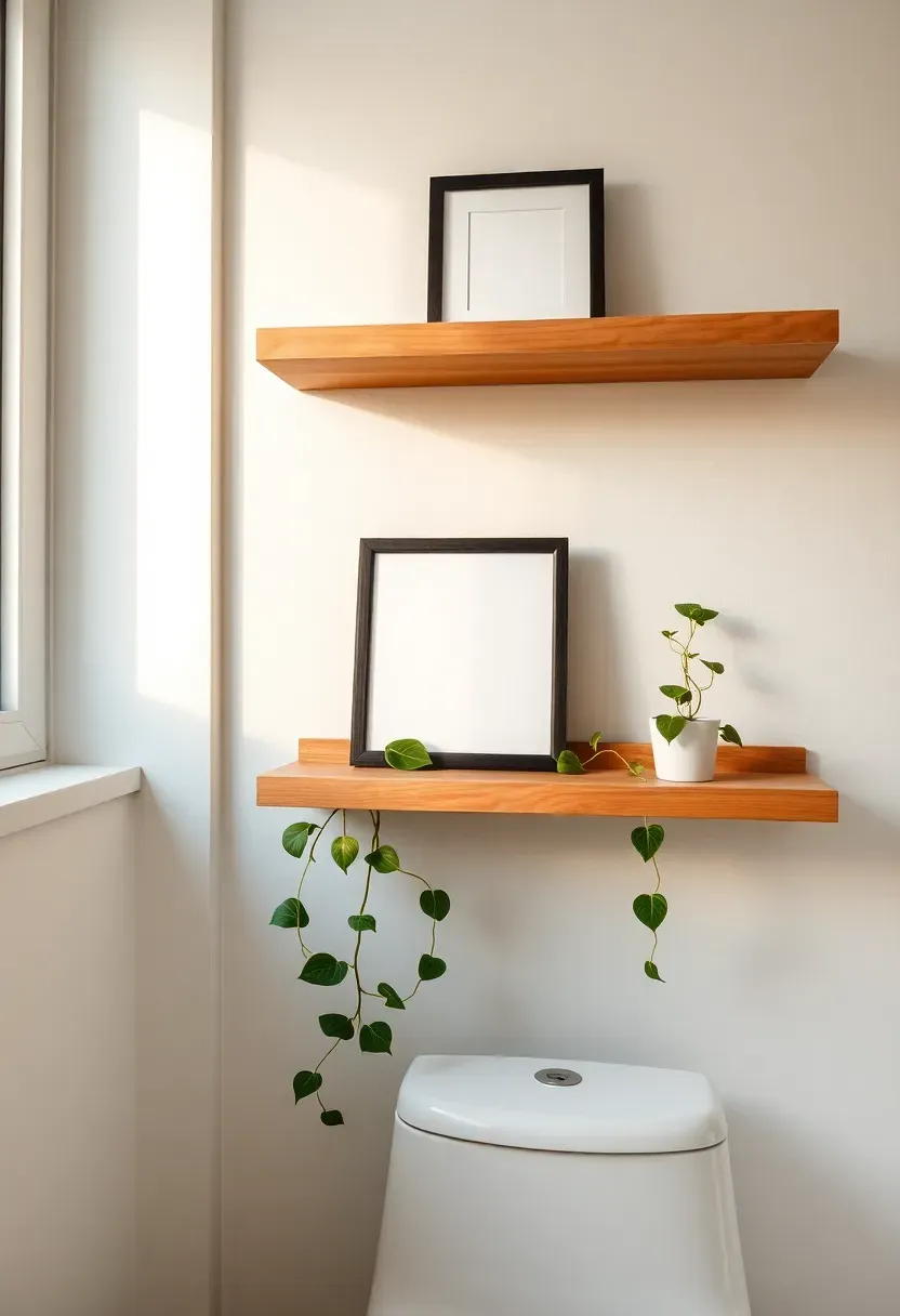 Narrow floating wooden shelf displaying small framed prints propped against a white bathroom wall with a trailing pothos plant