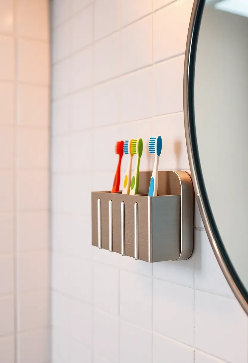Wall-mounted stainless steel toothbrush holder with slots for four brushes mounted beside a bathroom mirror