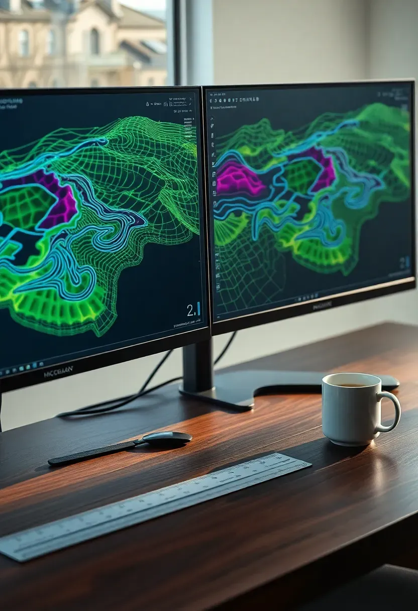 Rhino 3D viewport showing a detailed landscape design with contour lines, planting zones, and irrigation paths using Lands Design plugin