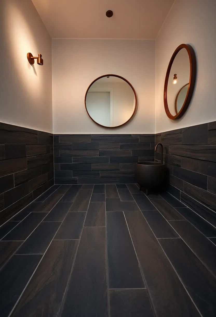 Natural cleft slate tile floor in dark charcoal and rust tones in a rustic modern bathroom with copper fixtures