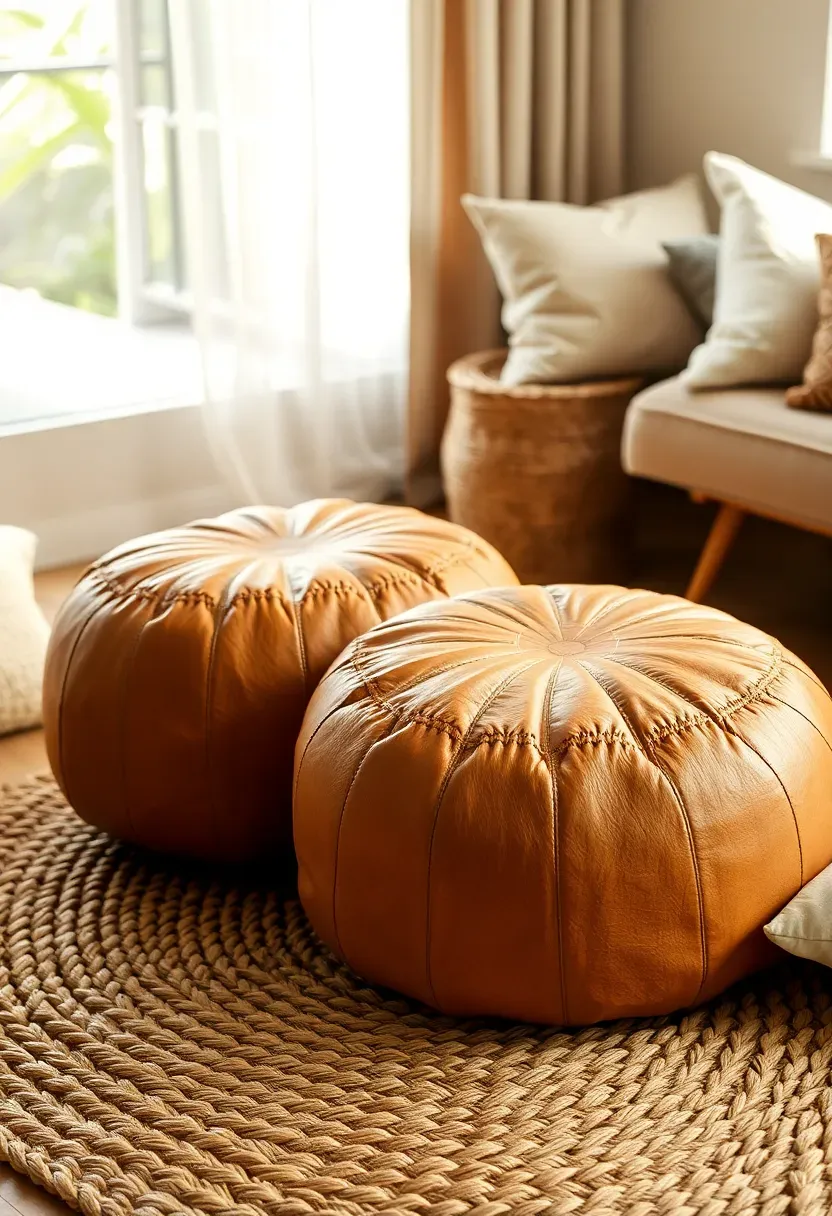 Two round Moroccan leather poufs in warm tan and cream tones on a jute rug in a cozy sunroom with cushions and warm lighting