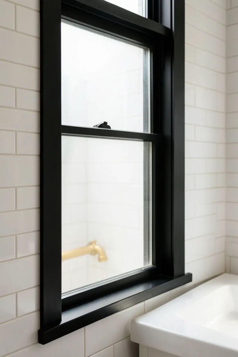 Black painted bathroom window frame with white tile walls — high-contrast window treatment for a budget rental bathroom upgrade