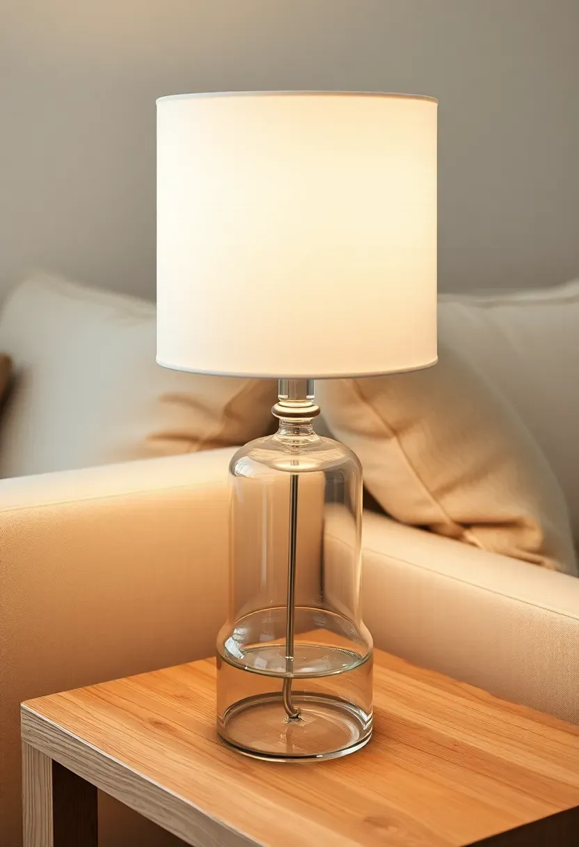 Hyper-realistic 3/4 view of minimalist living room side table with table lamp featuring transparent cylindrical glass base. Clear glass allows table surface to remain visible beneath. White cylindrical linen shade creating soft diffused glow. Lamp on light oak side table. Cream sofa nearby, light wood floor. Warm ambient illumination from shade. Materials: clear glass base, linen shade, oak wood table. Visual lightness. Minimal presence. Shallow depth of field, sharp details on glass transparency and shade texture. No text, no logos, no watermarks.</p>
