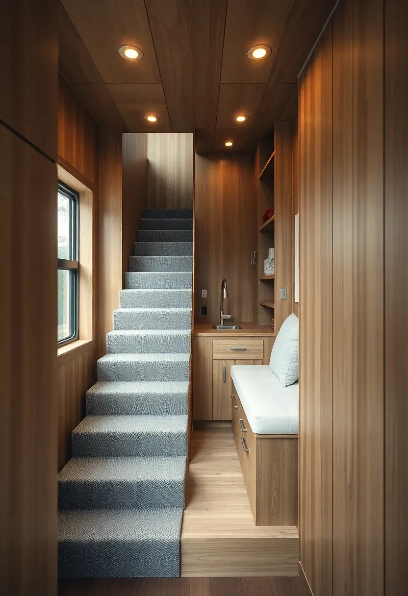Hyper-realistic 3/4 view of modern tiny house with integrated built-in furniture system. Materials: light oak cabinetry, white upholstered cushions, gray carpet on stairs, brushed steel hardware. Warm ambient lighting from ceiling fixtures, creating soft shadows and highlighting wood grain. Architectural view showing stair-storage combination and window seat with hidden compartments. Clean modern lines with no visible clutter. Shallow depth of field focusing on built-in details. No text, no logos, architectural digest style.</p>
