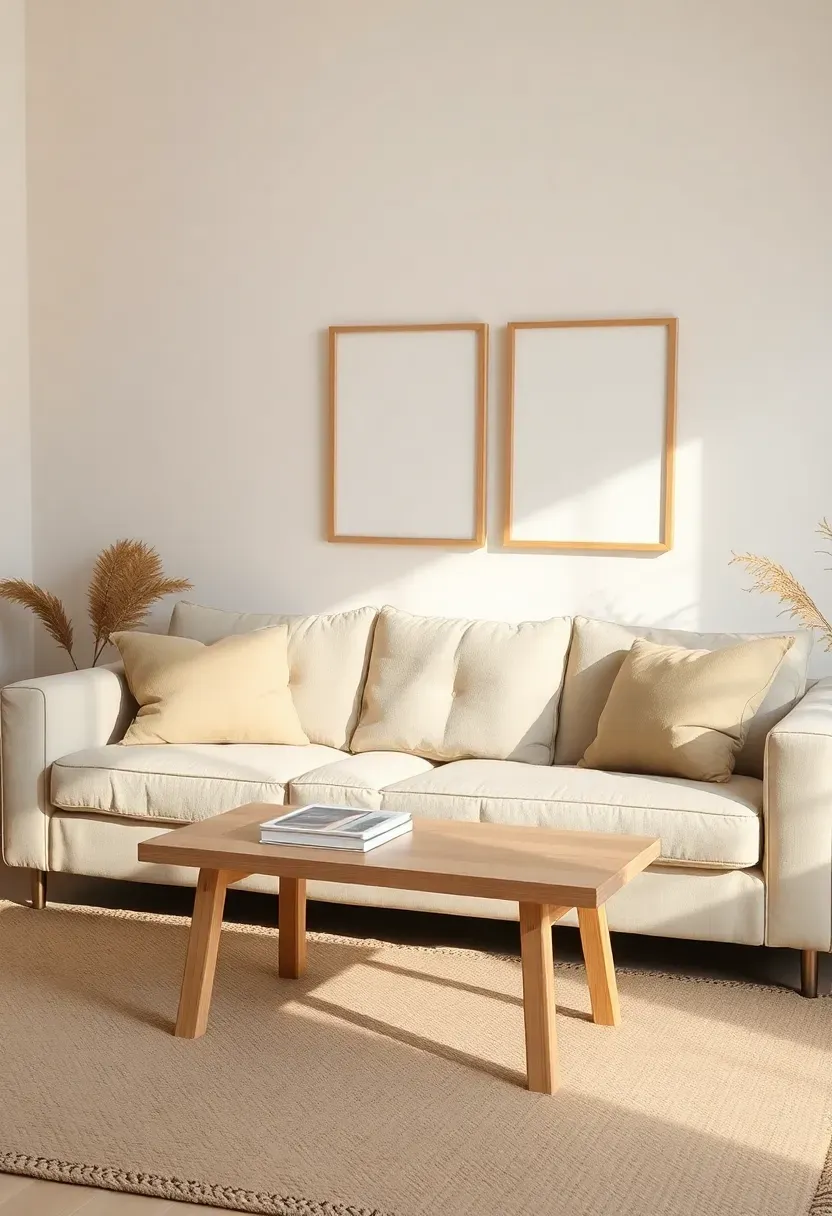 Linen sofa with oak coffee table gallery wall