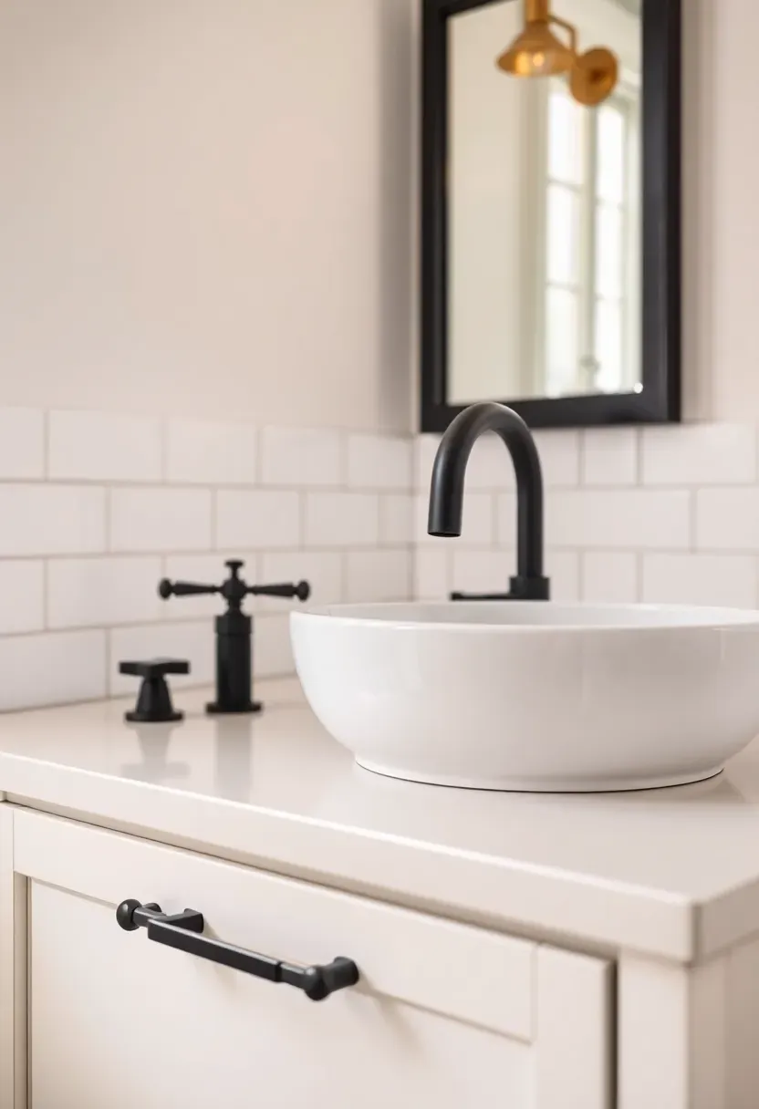 Matte black cabinet pulls and faucet handles on a white bathroom vanity in a rental apartment — bold contrast upgrade