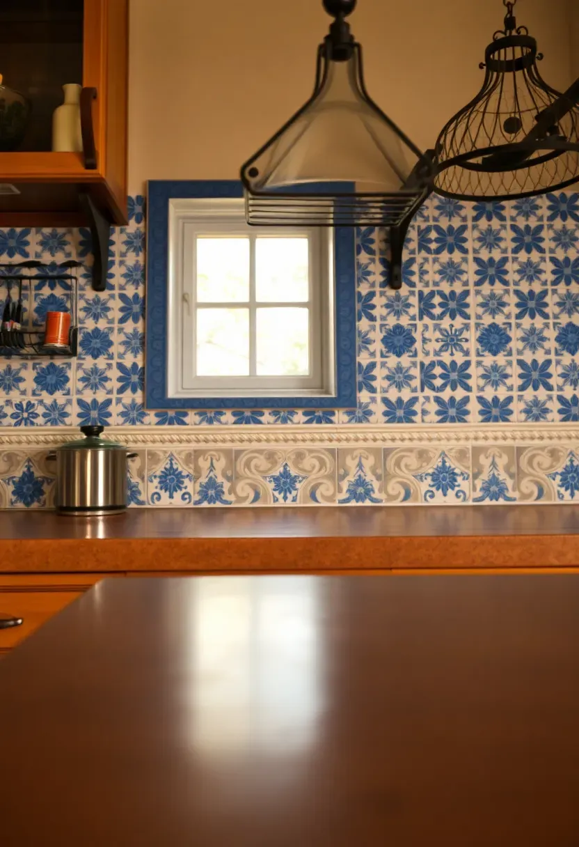 twisted rope pattern ceramic liner tile in warm ivory bordering blue Mediterranean-style backsplash in traditional kitchen
