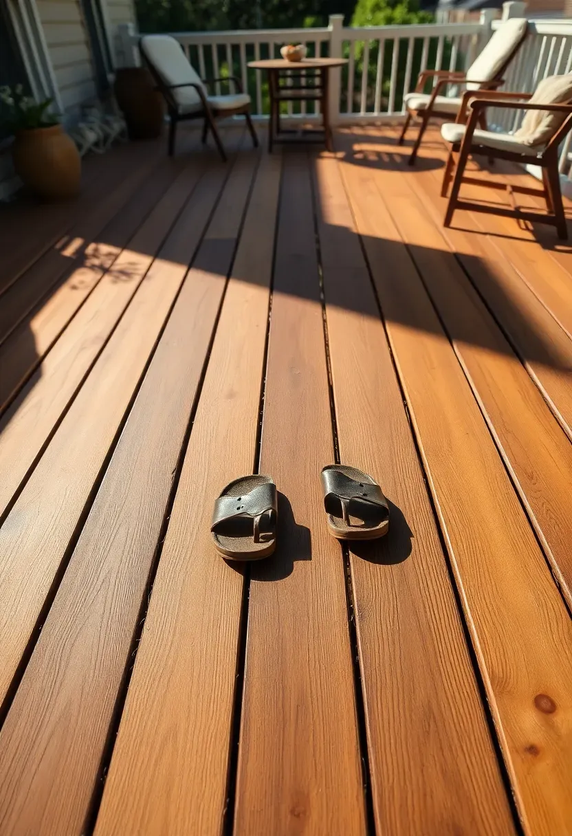 A backyard deck with boards stained in two alternating tones, a warm honey and a darker walnut, creating a striped pattern across the surface
