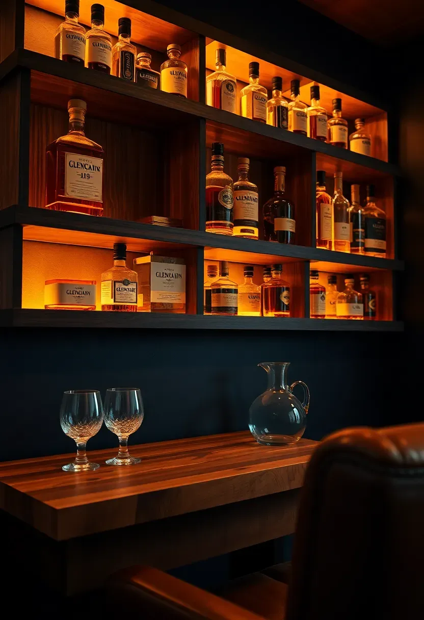 basement whiskey tasting bar with open shelving holding bottles warm lighting and leather seating