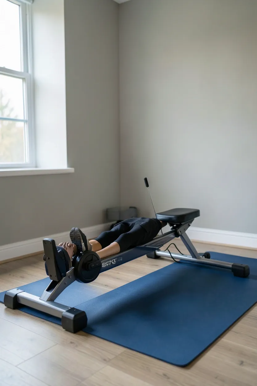 Foldable compact rowing machine positioned in a small apartment room with its monorail folded upright for storage — full-body home gym cardio equipment