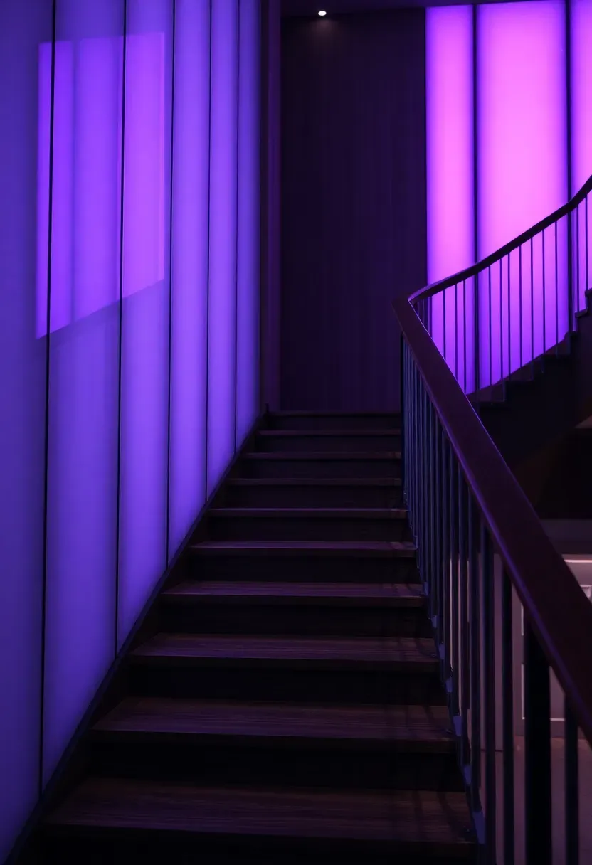 Staircase with colour-changing LED-backlit frosted glass balustrade panels emitting a soft lavender glow, dark espresso oak treads, and espresso handrail in low-lit setting