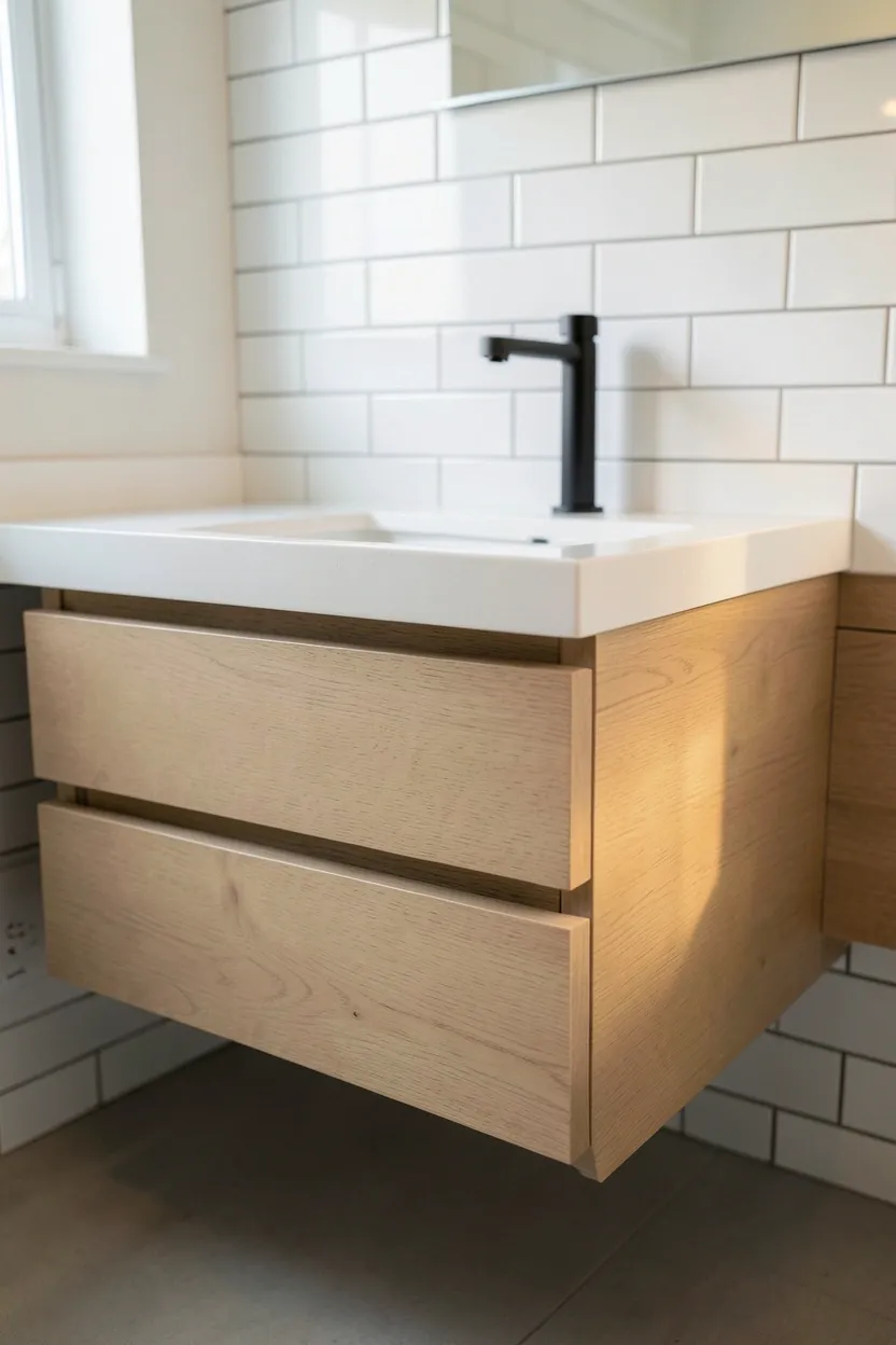 White floating vanity mounted on wall with open floor space beneath in a small apartment bathroom, creating an airy minimalist feel