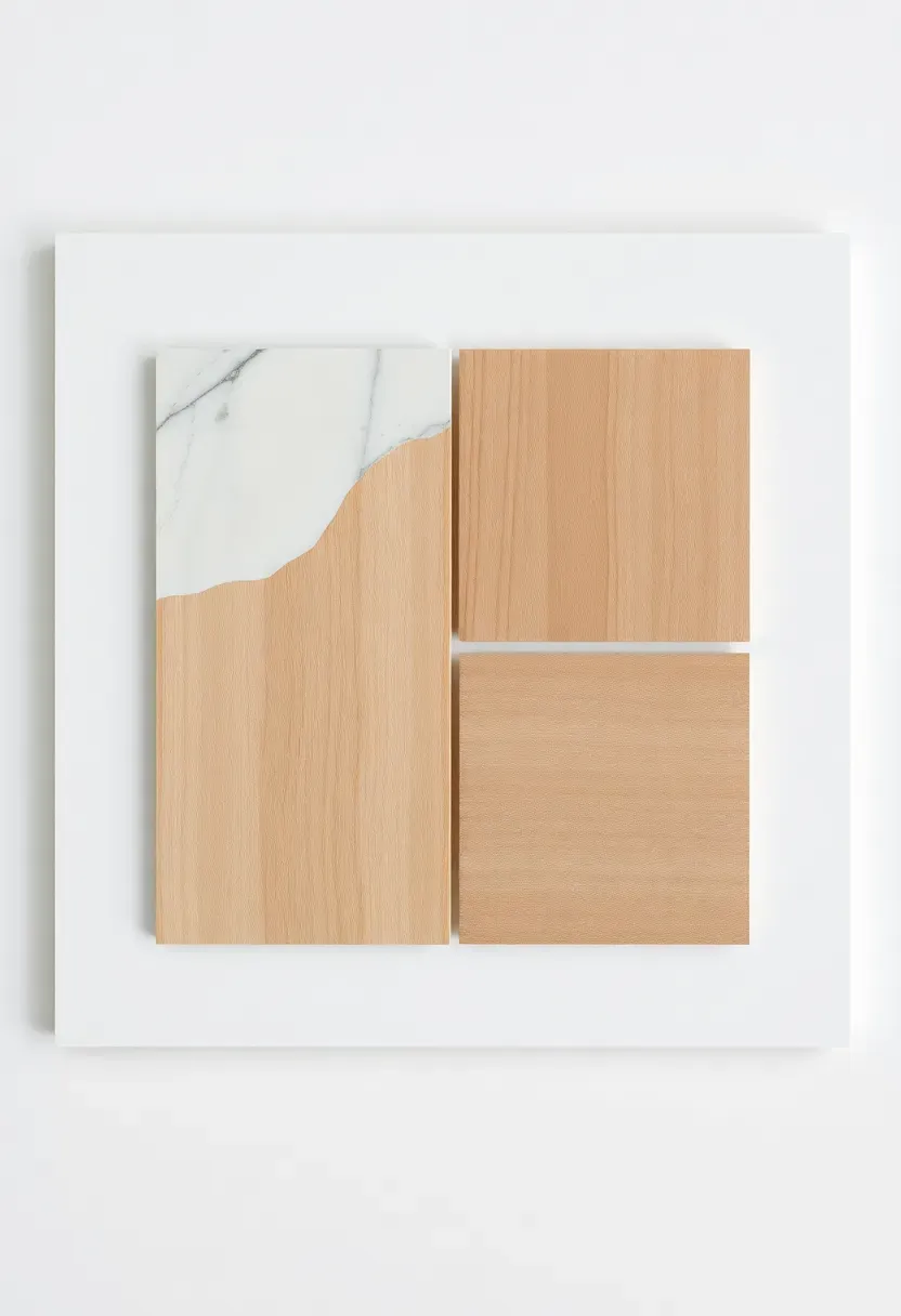 Material sample board showing AI-analyzed kitchen materials: quartz countertop, oak veneer cabinet door, matte porcelain floor tile, and brass hardware on a white display board
