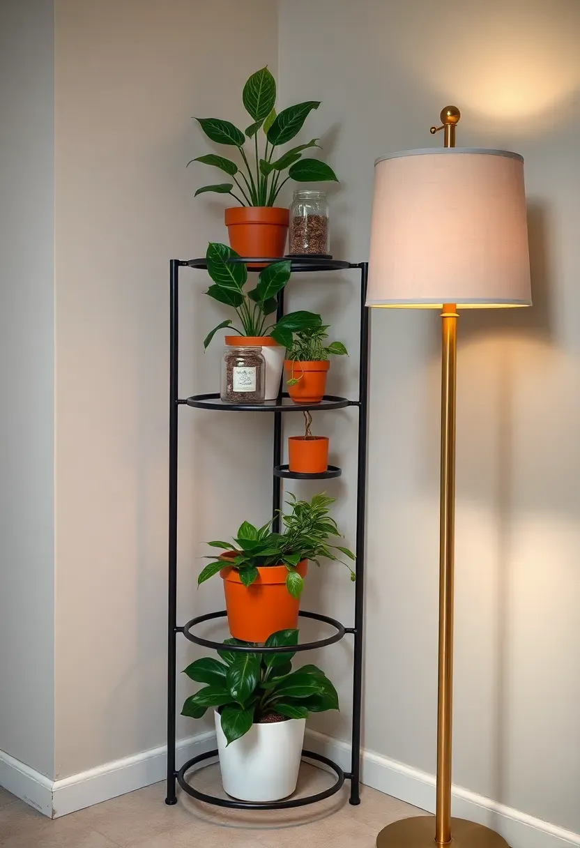 Corner arrangement of a tiered metal plant stand with various potted plants under a floor lamp in a basement nook