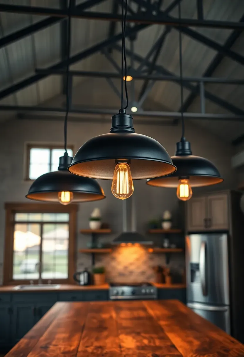 cluster of three black iron pendant lights hanging over a kitchen island in a barndominium