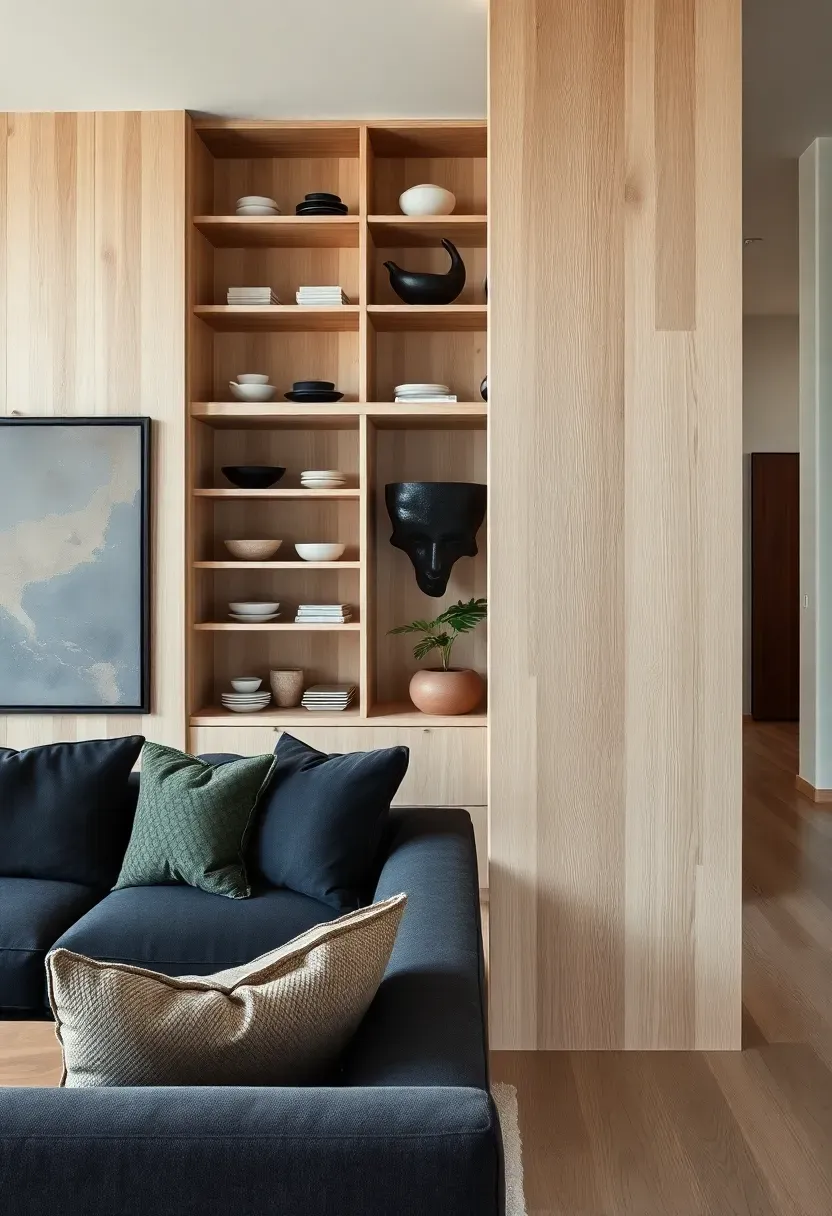 Hyper-realistic 3/4 view of elegant living room with sculptural room divider. Materials: floor-to-ceiling open shelving unit in white oak with minimal brass supports, displaying curated ceramics, allowing glimpses of dining space beyond. Charcoal sofa in living zone, dining table visible through shelving. Refined architectural separation maintaining spaciousness.</p>