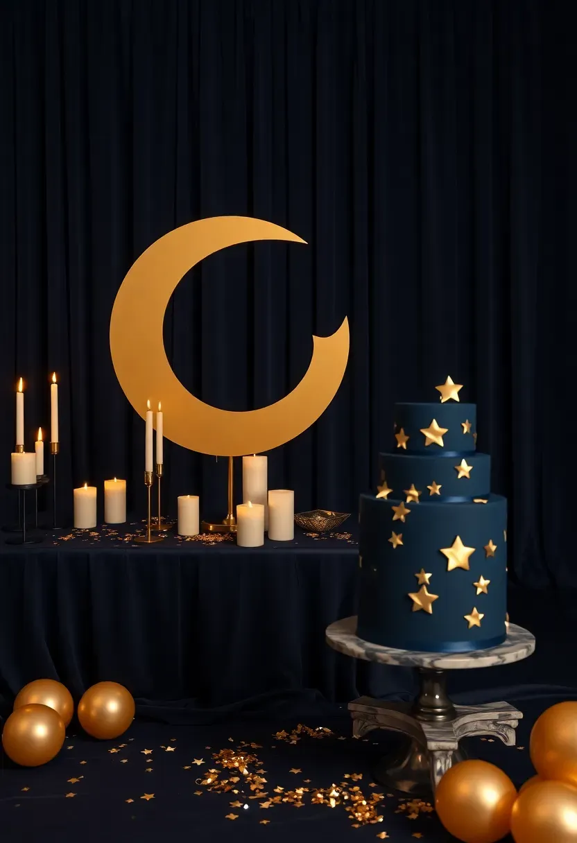 celestial moon and stars baby shower with navy and gold decorations crescent moon backdrop and candles