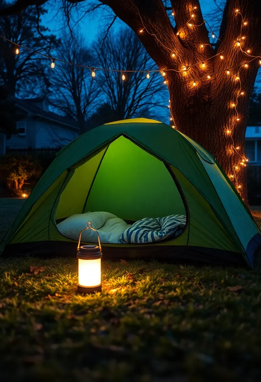 A backyard camping zone at dusk with a small dome tent on grass, a battery-powered lantern, sleeping bags visible inside, and string lights in a nearby tree