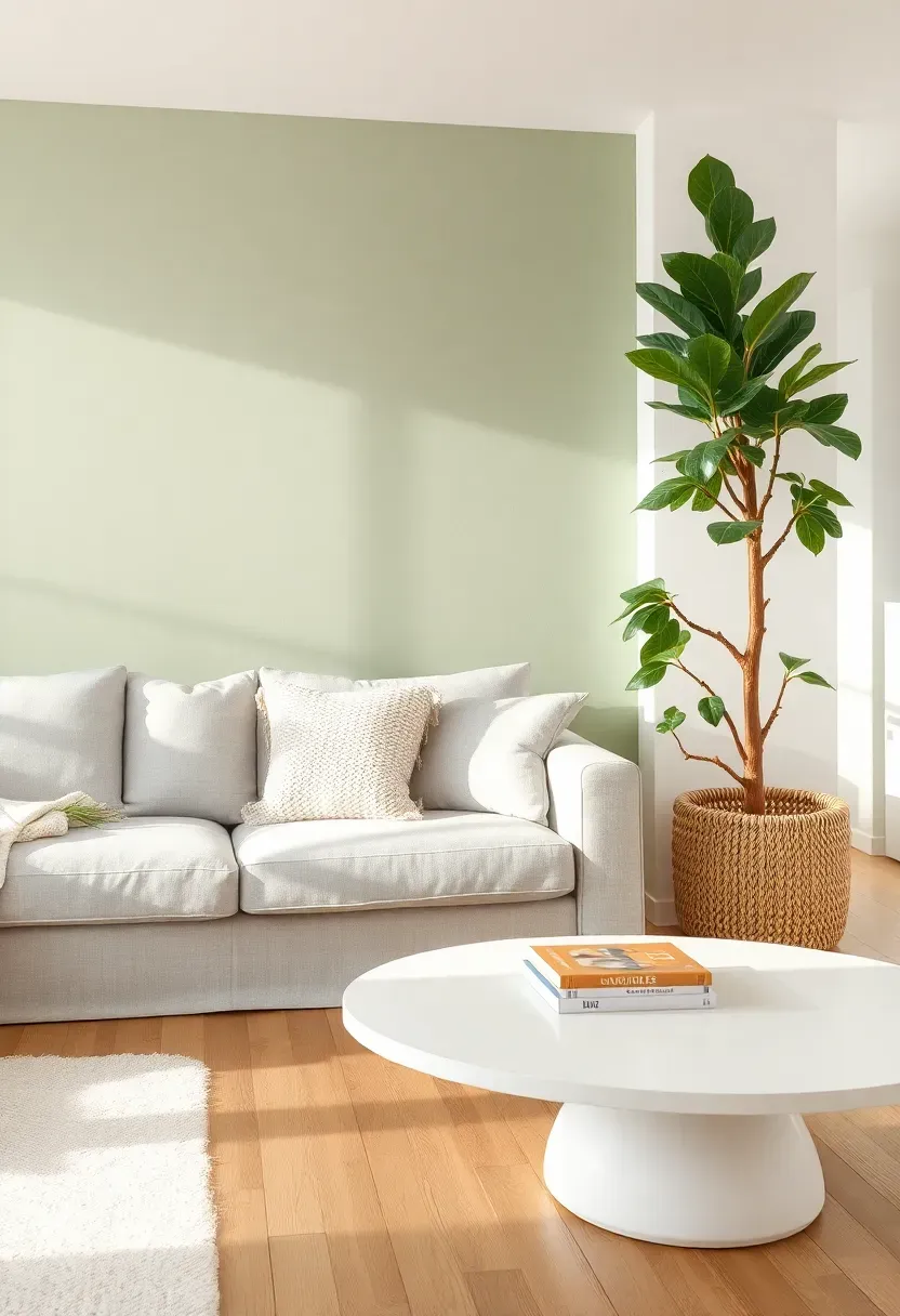 Bright Scandinavian living room with a calming sage green accent wall behind a light gray linen sofa with potted fiddle leaf fig tree