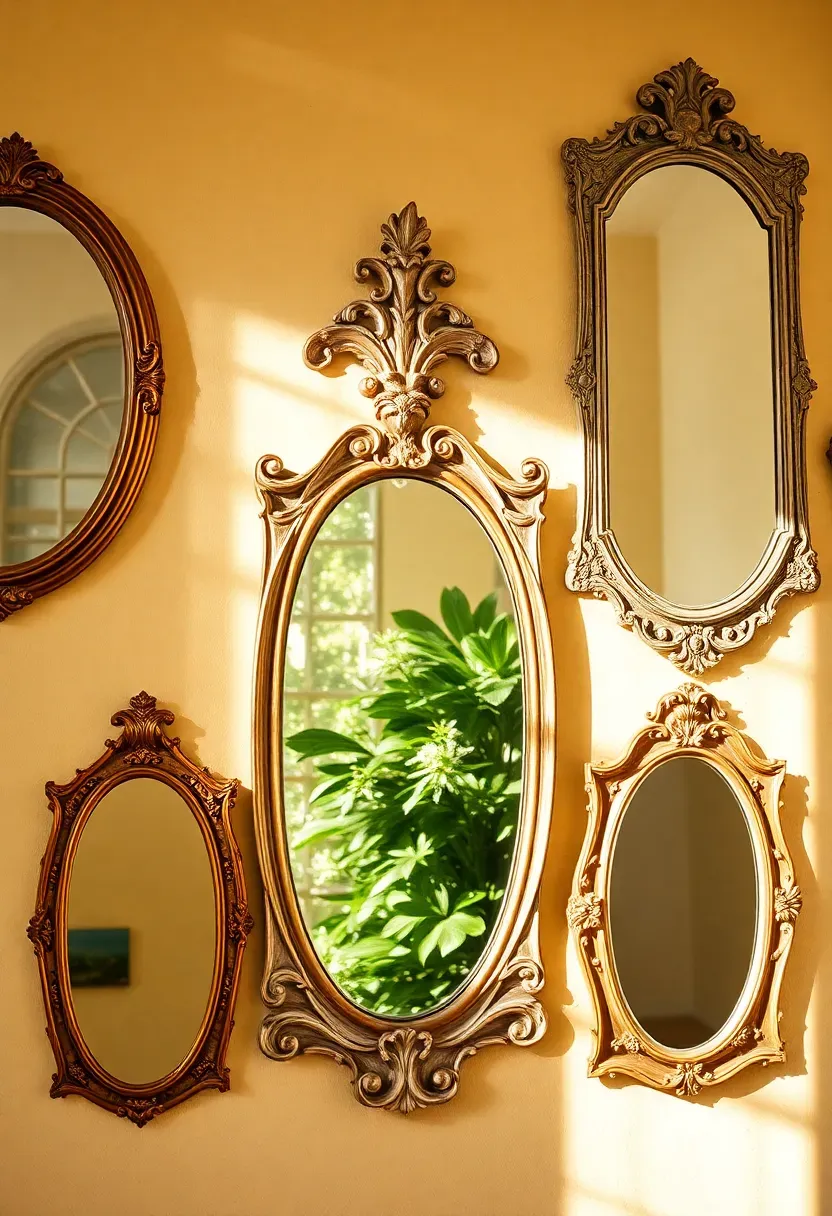 Gallery wall of five mismatched vintage mirrors in ornate gold and white frames reflecting sunroom greenery and natural light on a warm-toned painted wall