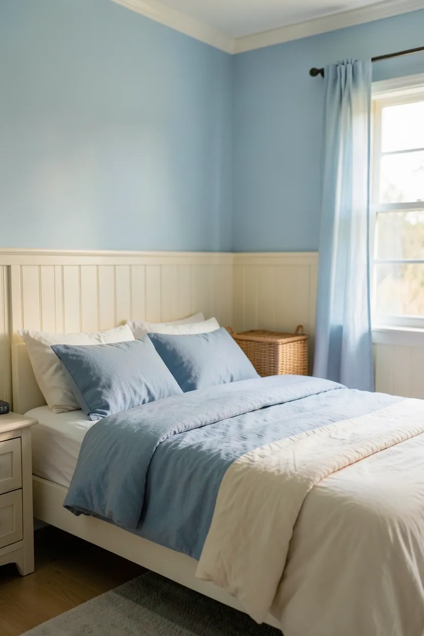 Navy Accent Wall with Cream Bedding