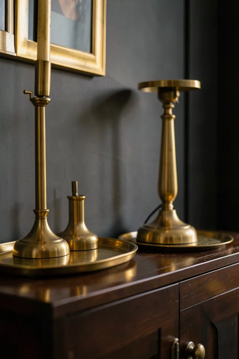Gold and brass decorative objects — trays, lamp bases, and picture frames — grouped on dark wood shelves in a moody boho living room