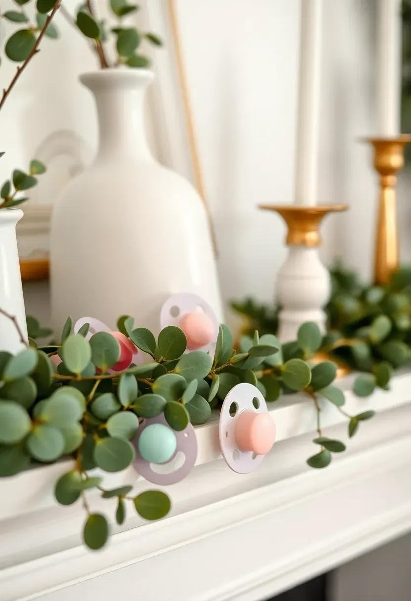 small pastel pacifiers hidden among party decorations and greenery at a baby shower venue