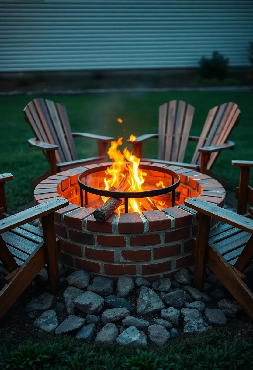 Hyper-realistic 3/4 view of a traditional brick firepit showing a circular brick surround structure approximately 18-24 inches high with visible steel fire ring inside containing crackling wood fire, set on a cobblestone circular base with four wooden Adirondack chairs positioned around. Materials: red brick with traditional mortar joints, black steel fire ring, natural cobblestones, weathered cedar Adirondack chairs, visible grass beyond. Evening lighting with fire glow warmly illuminating brick faces and casting dancing shadows, creating nostalgic camp atmosphere. Traditional craftsmanship evident in brickwork. Classic backyard aesthetic, visible home siding in far background. Shallow depth of field showing firepit brick texture foreground with chairs and yard context beyond. No text, no logos, no watermarks.</p>