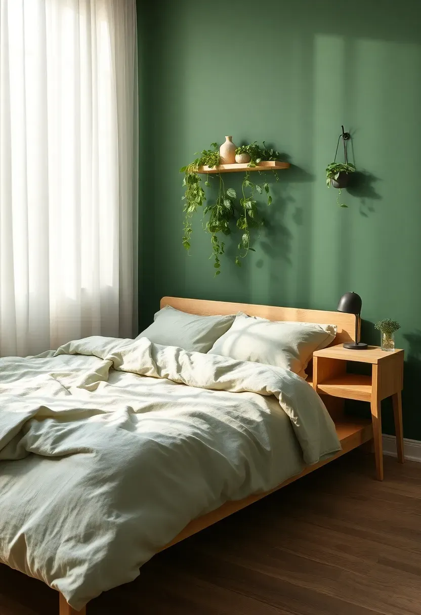 bedroom painted in deep forest green with linen bedding and indoor trailing plants