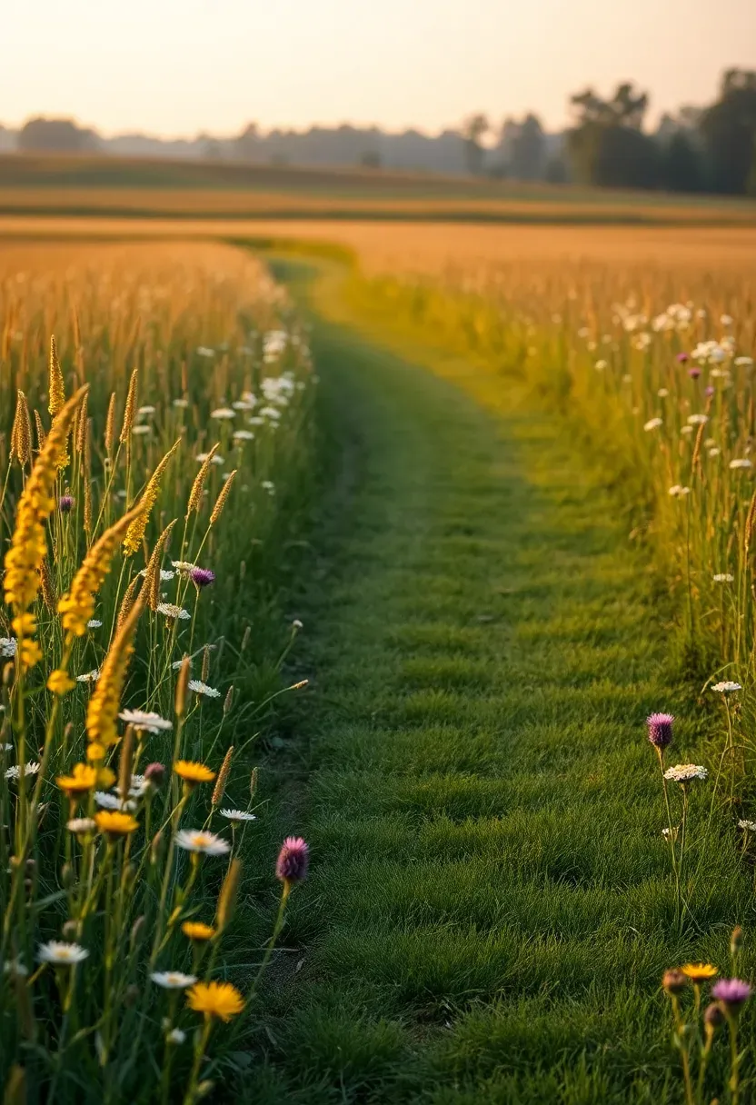Expansive wildflower meadow with a neatly mown walking path curving through tall grasses and blooming wildflowers toward a distant tree line