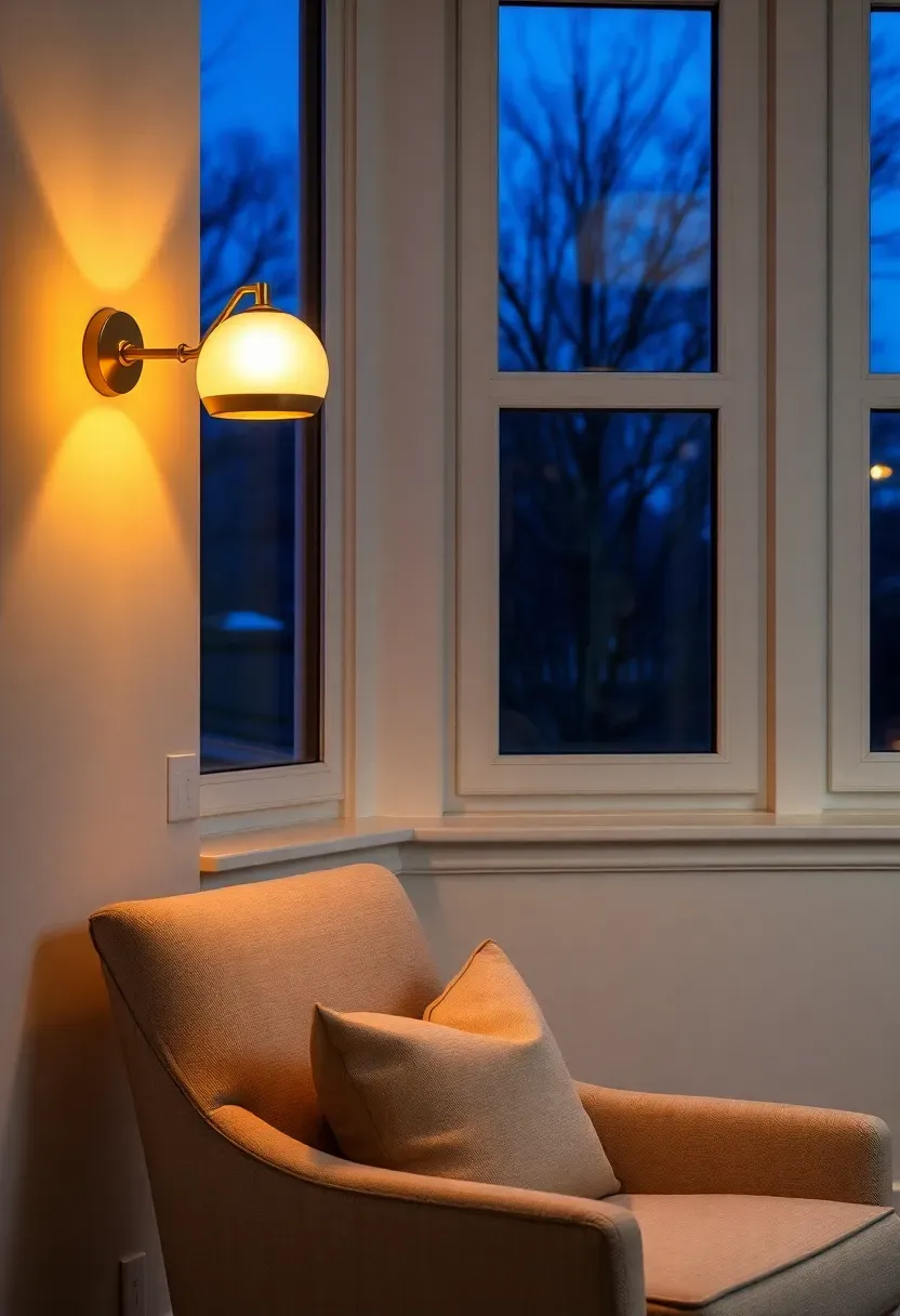 Two battery-powered brass wall sconces with frosted glass shades mounted on adhesive strips flanking a sunroom reading nook, casting warm pools of light on a linen armchair below at dusk