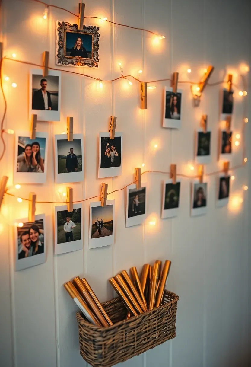 interactive polaroid photo guest wall with instant photos clipped to string lights and a decorated frame at a fun baby shower
